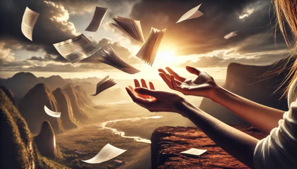 Hands releasing pages into the wind, symbolizing letting go, healing, and embracing a new future.