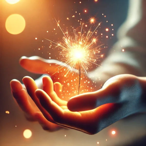 Hands holding a glowing spark of light, symbolizing transformation and new possibilities.